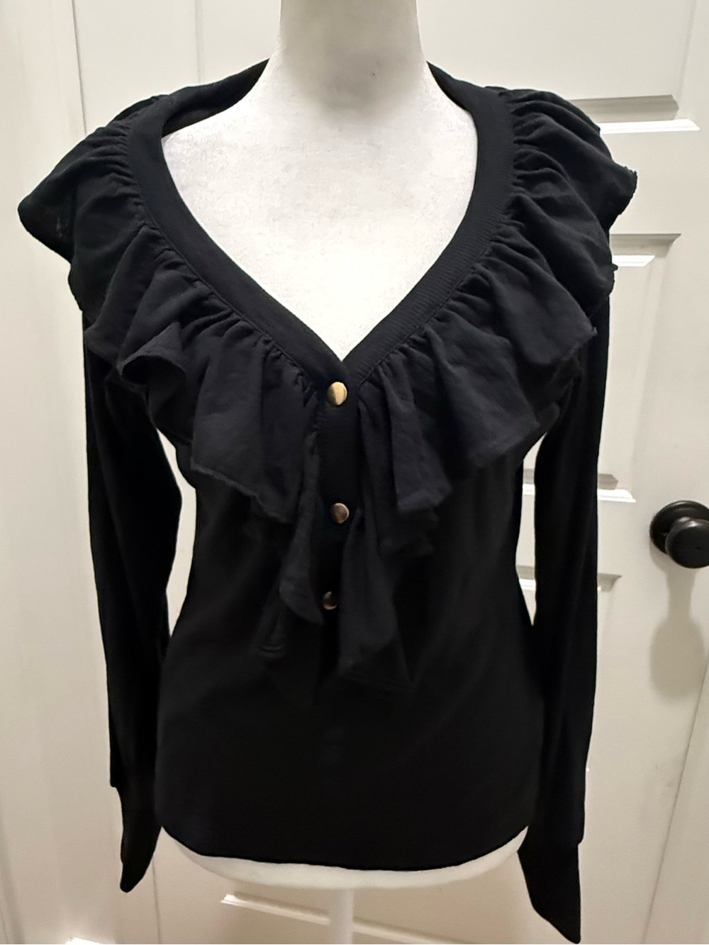 Nation LTD. Ruffle V-neck Pima Cotton Henley Top. Black. Size Medium.
